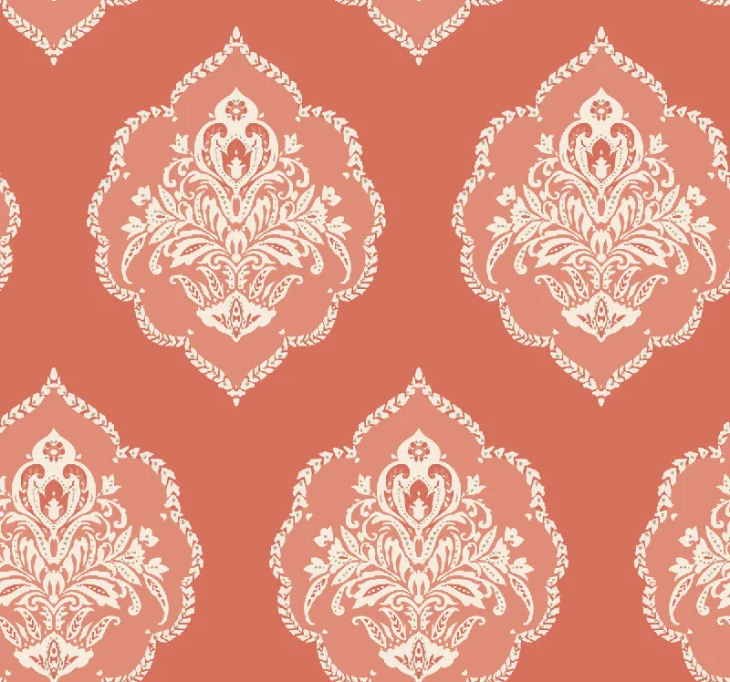 wallpaper with tranquil nature themes-Signet Medallion Wallpaper in Coral from Damask Resource Library