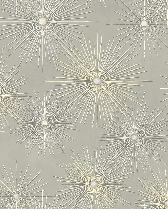 wallpaper with geometric abstract designs-Starburst Geo Silversmoke & Gold Peel-and-Stick Wallpaper