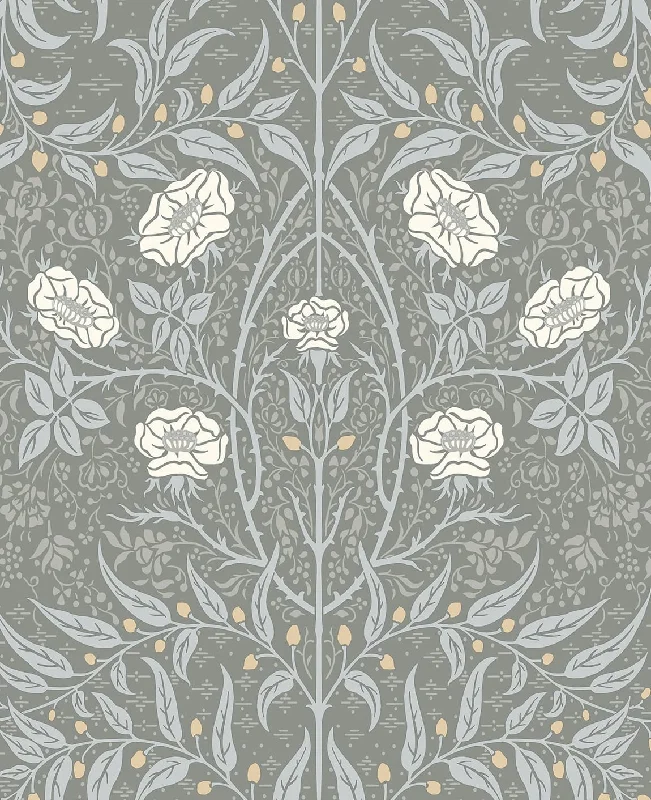 wallpaper with artistic brush strokes-Stenciled Floral Alloy Grey Peel-and-Stick Wallpaper