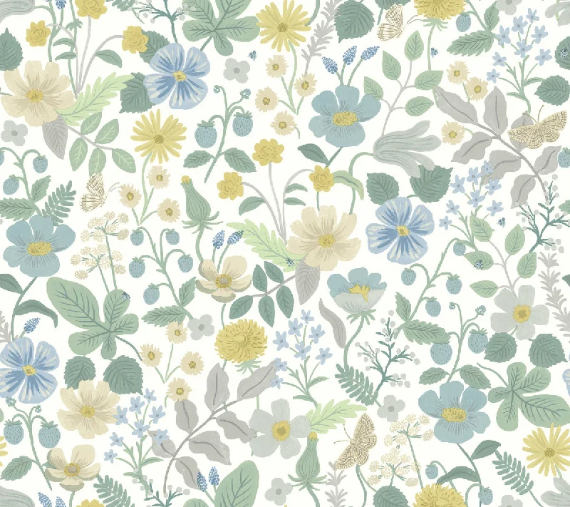 wallpaper with soft neutral patterns-Strawberry Fields Wallpaper in Blue/Green from the Rifle Paper Co. 2nd Edition