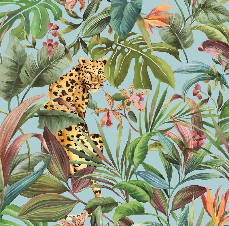 wallpaper for feature accent areas-Tropical Leopard Sky Blue Peel & Stick Wallpaper from the Daisy Bennett Collection